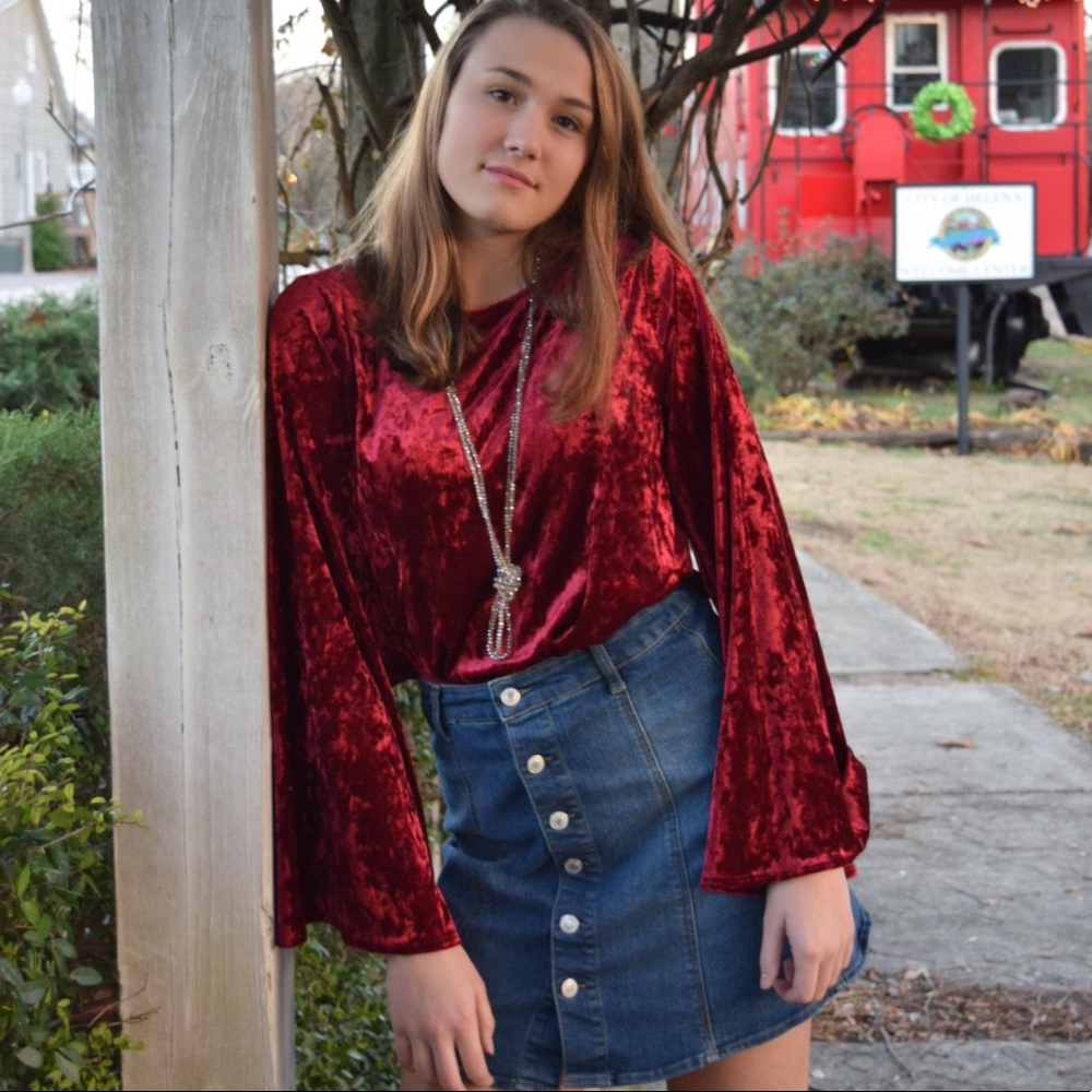 Red velvet long sleeve blouse